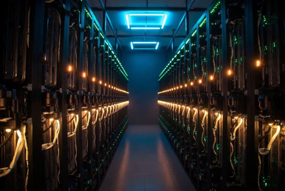 Rows of enterprise data center servers with soft blue lighting, suggesting on-premises AI infrastructure