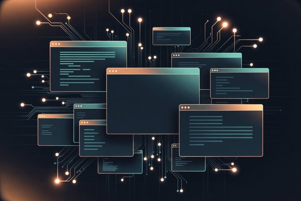 Abstract editorial illustration of multiple parallel agent sessions branching from a single repository on a developer's desktop