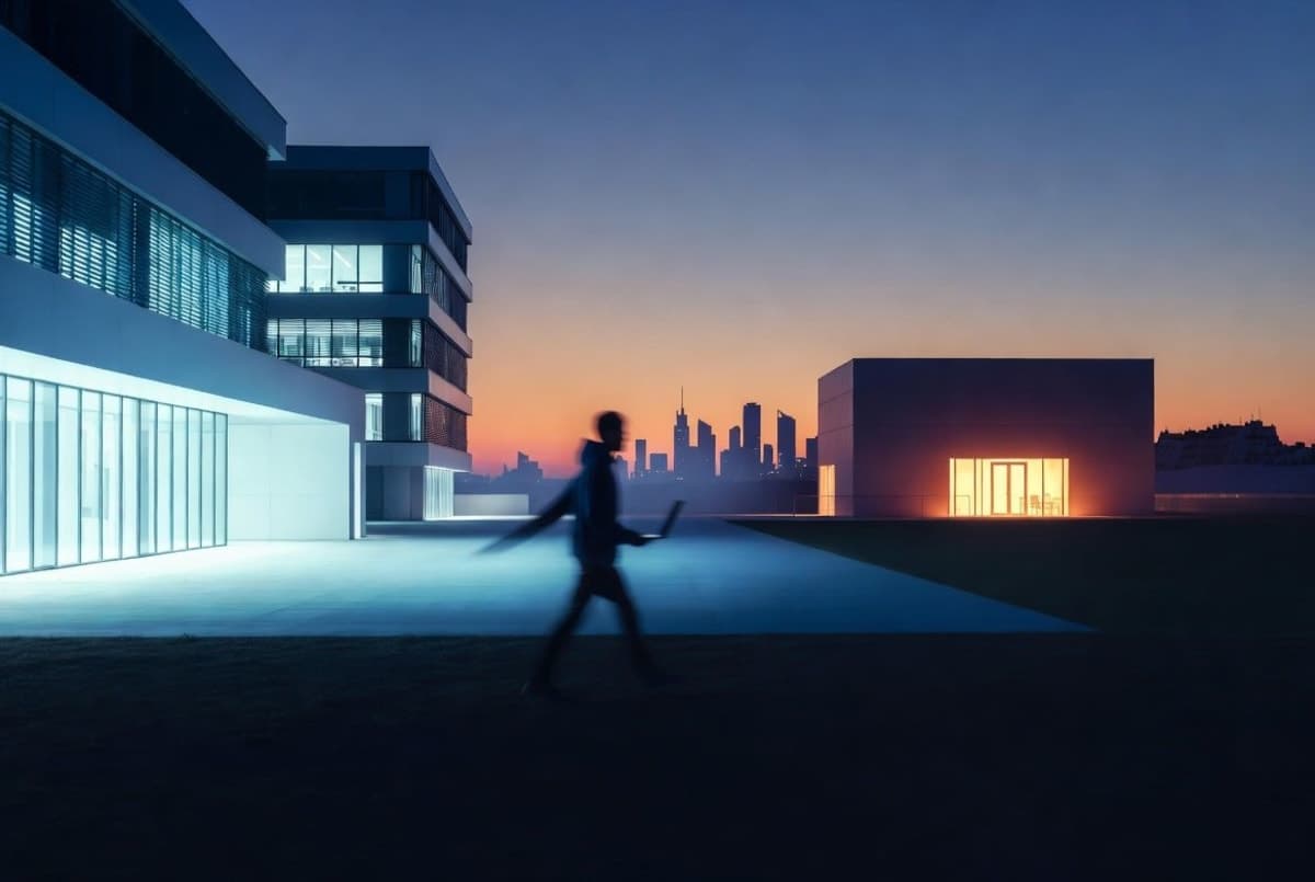 Researcher silhouette walking between two glowing AI lab buildings under a night sky, suggesting talent moving between companies