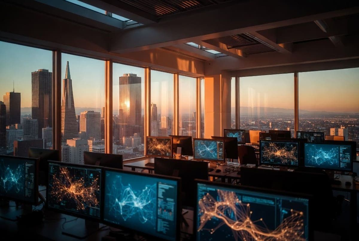 Modern AI research laboratory interior with glowing displays overlooking San Francisco at dusk