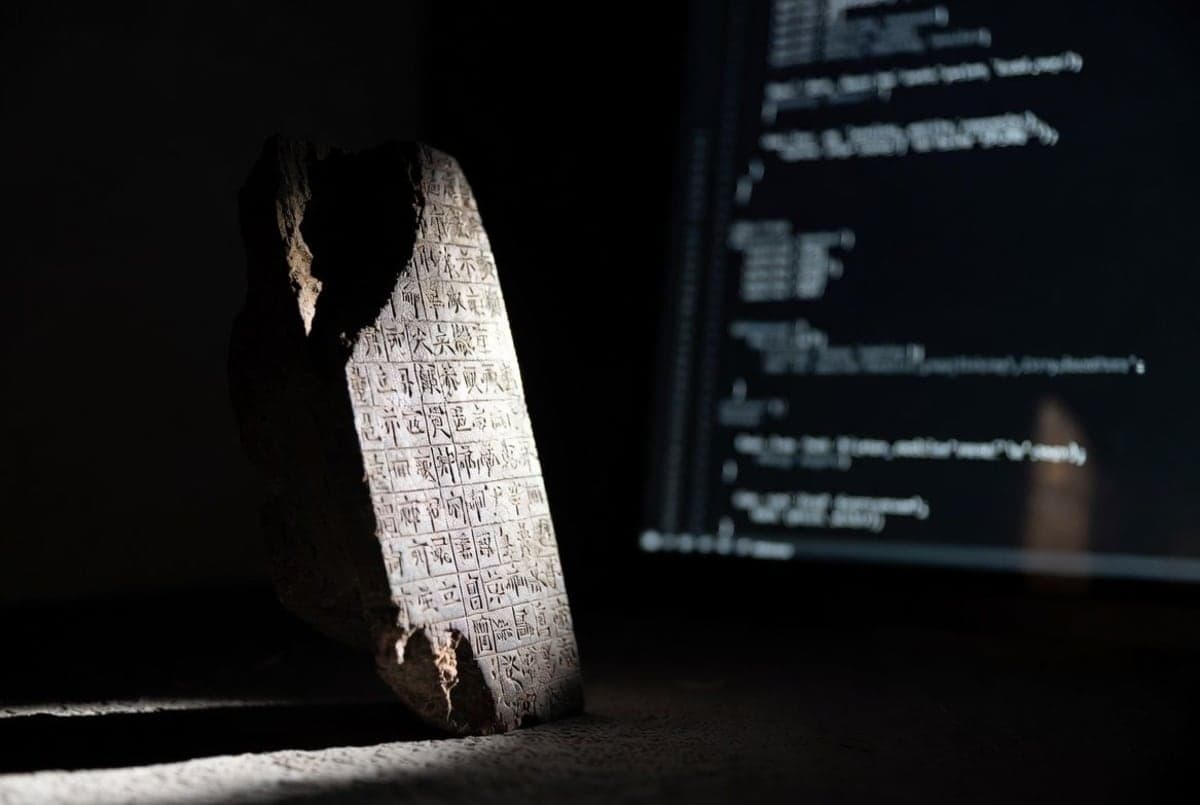 Oracle bone fragment with engraved ancient Chinese script characters set against modern computer screen displays