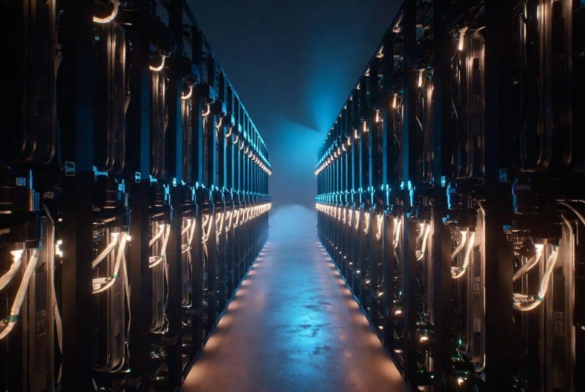 Modern AI data center hall with rows of servers and glowing chip-lit racks