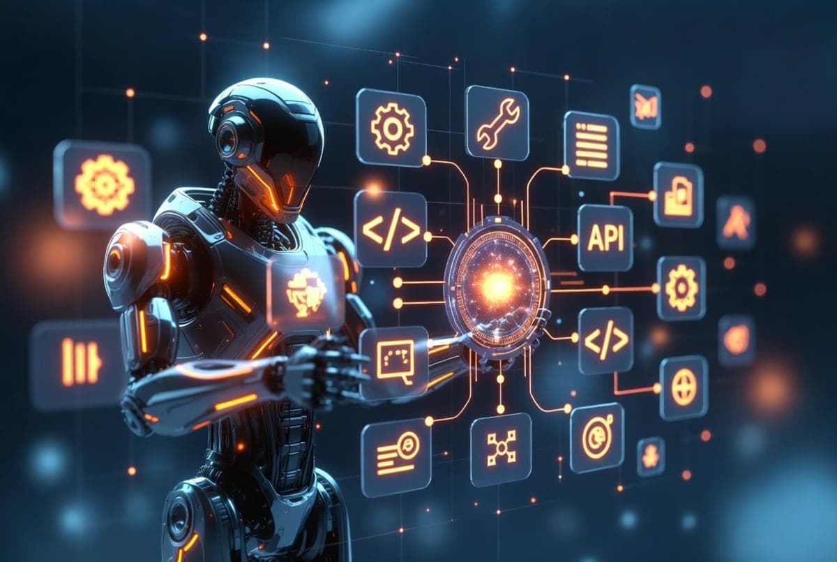 Abstract illustration of an AI agent coordinating multiple tools across a digital workspace