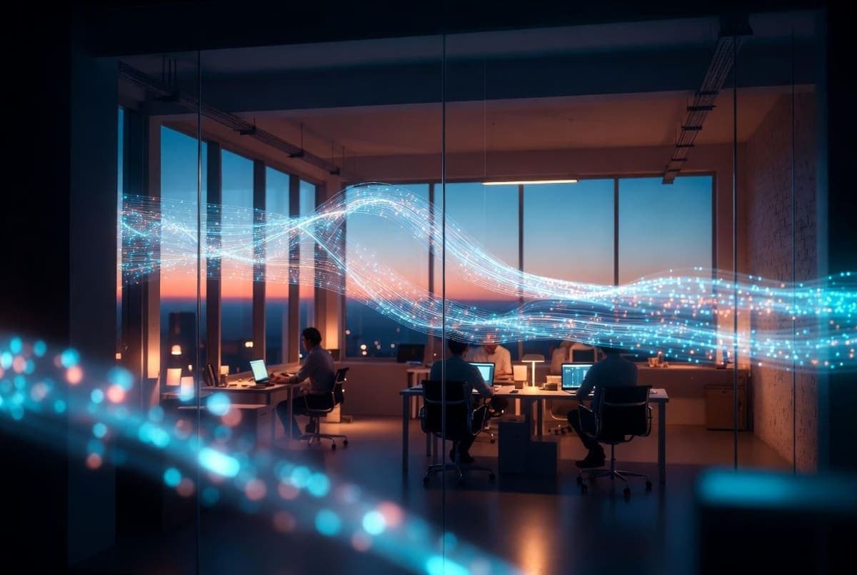 Founders working at laptops in a startup office with abstract data streams suggesting AI computation