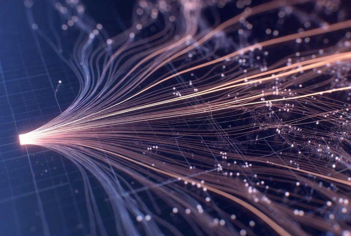 Abstract editorial illustration of multiple branching trajectories diverging from a single point through a stylized latent space