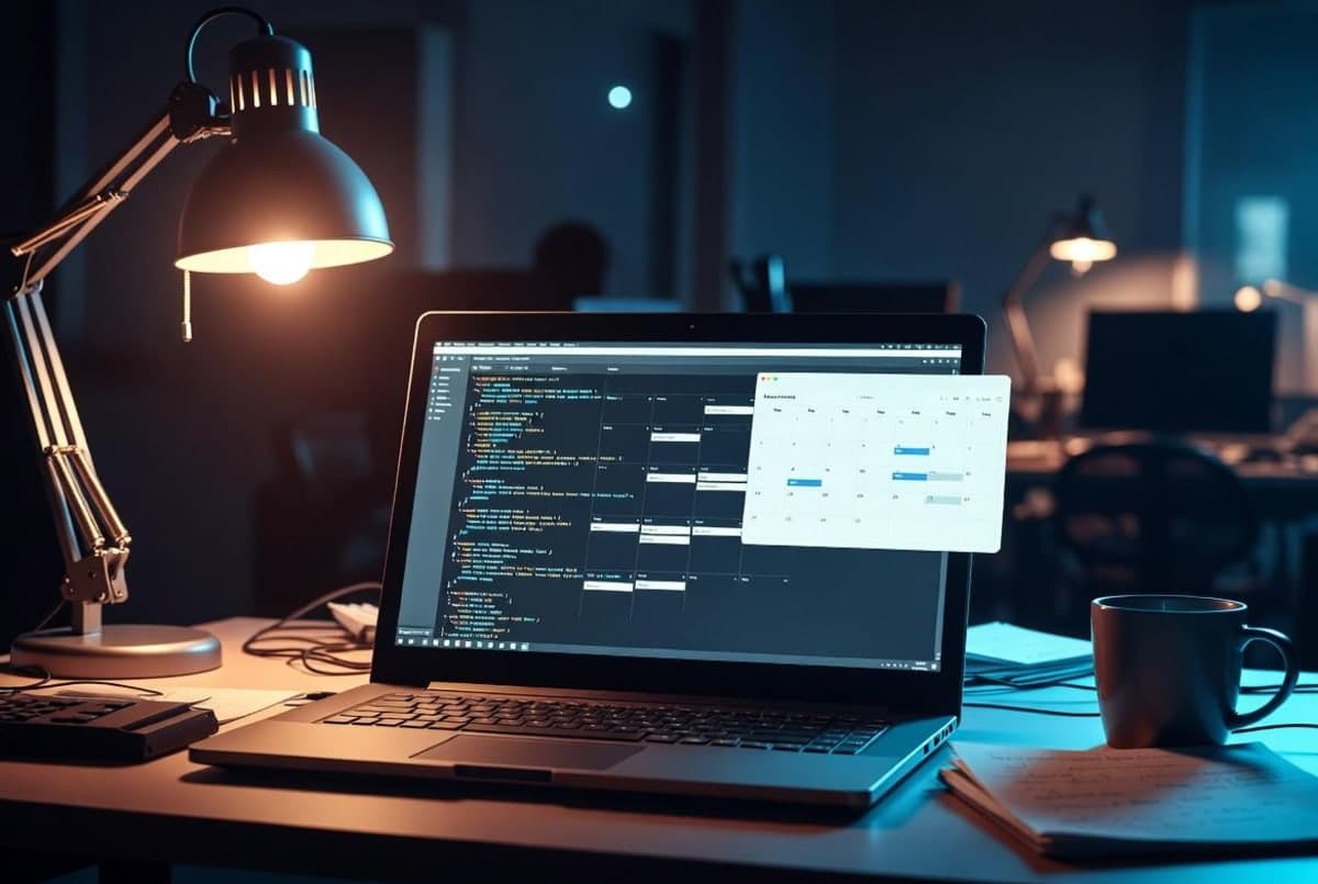 Developer workspace at dusk with calendar of back-to-back meetings on one monitor and a stack of pull request notifications on another
