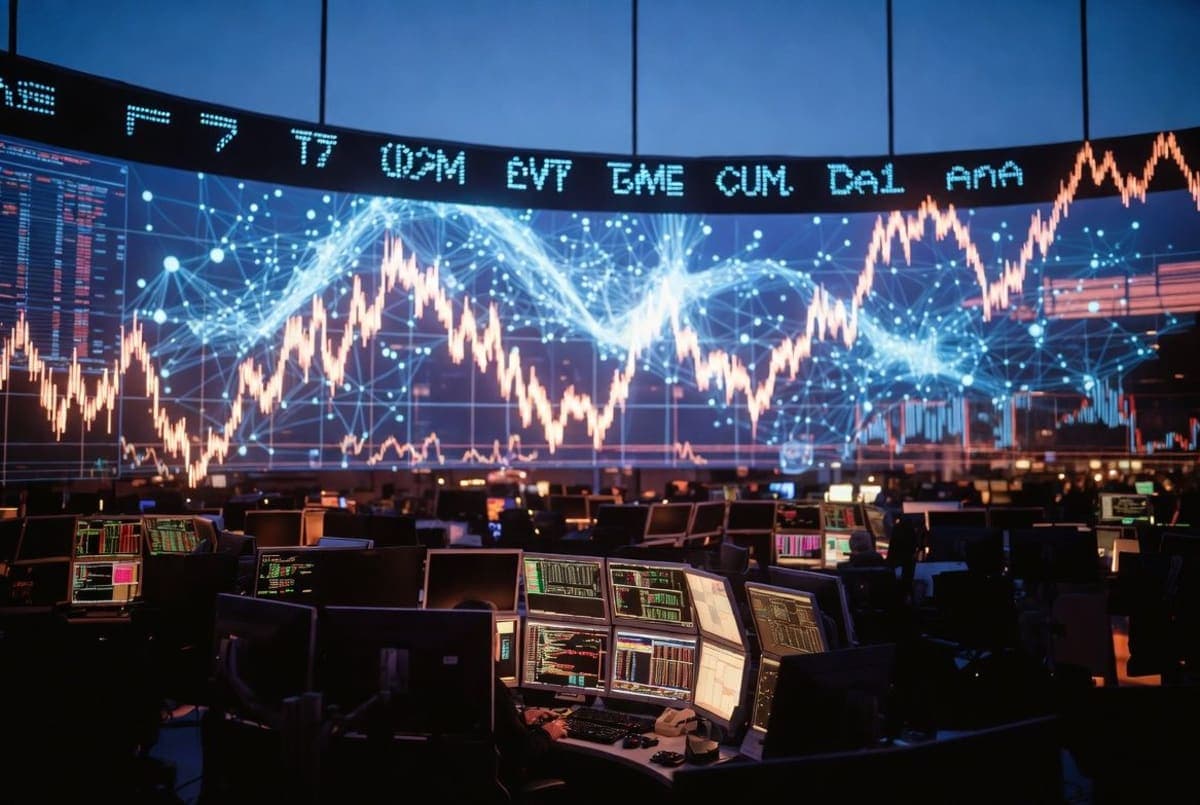 Modern Wall Street trading floor with glowing digital displays and abstract neural network patterns, representing a major AI company IPO