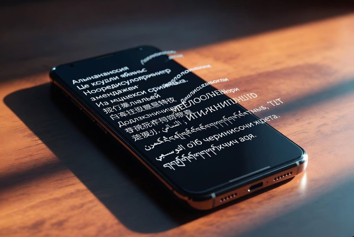 Editorial illustration of a compact smartphone displaying multilingual text bubbles, representing on-device translation