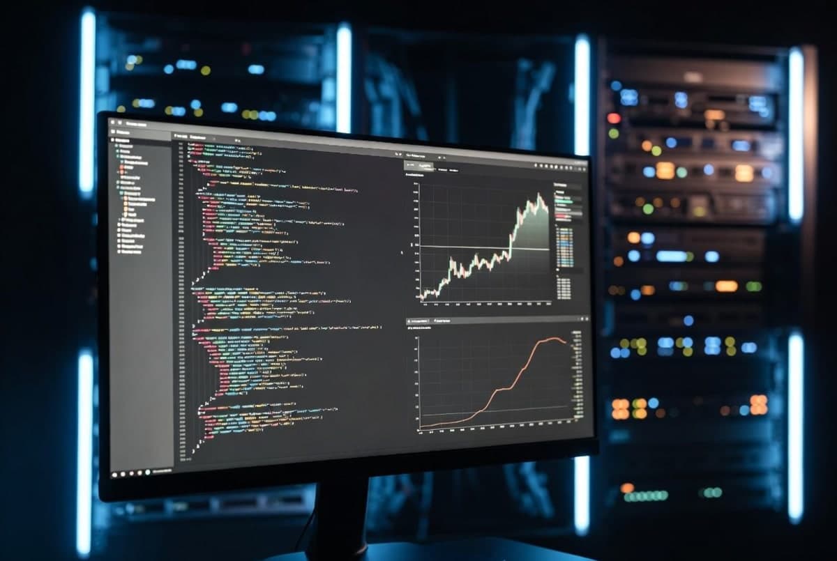 Abstract visualization of an AI agent looping through code compilation and profiling on a server rack