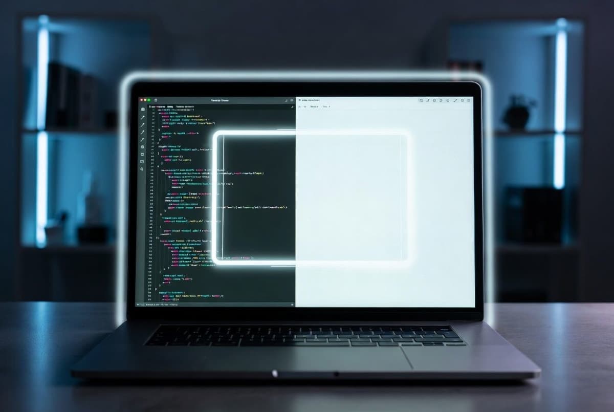 A Mac laptop showing a code editor with a second app window being captured into an AI assistant panel