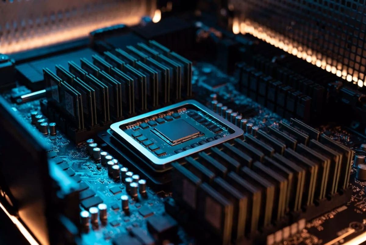 AMD Ryzen AI processor package on a dark workstation motherboard with memory modules visible alongside
