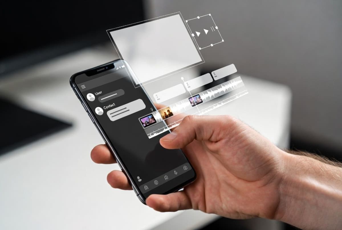 Smartphone showing a chat interface with video editing controls overlaid on a timeline