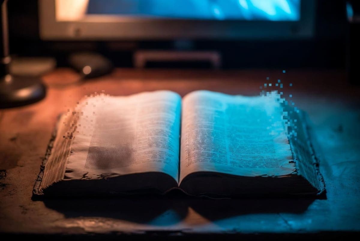 Open book on a desk beside a glowing computer screen displaying lines of text, suggesting machine-written fiction