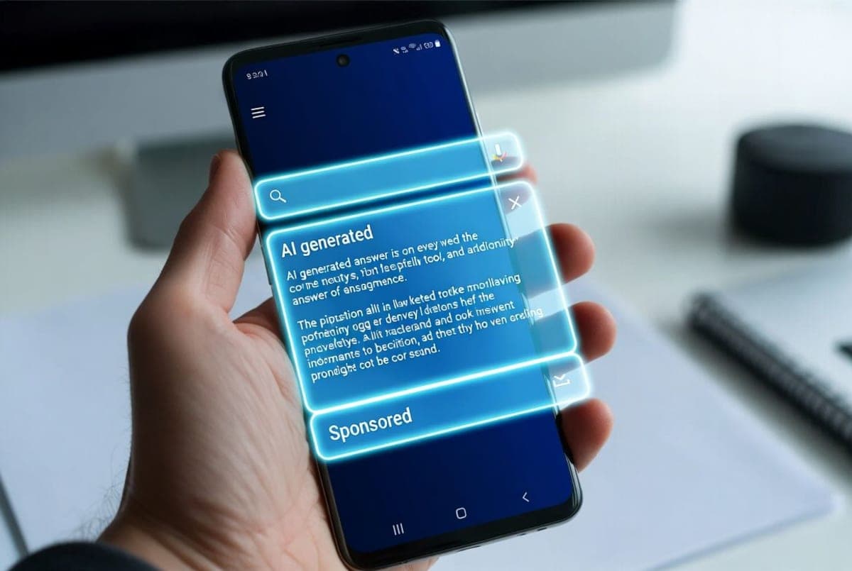Smartphone showing a Google AI search result with a sponsored conversational ad block beneath the answer