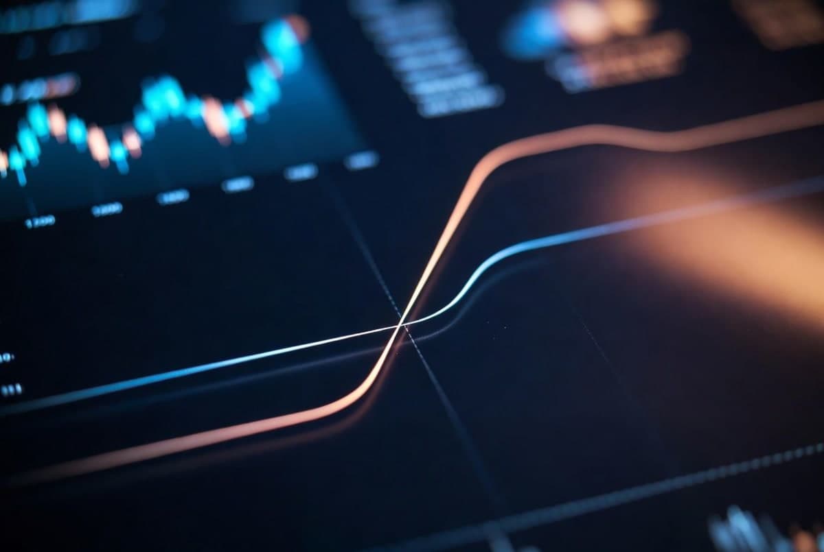 Two ascending revenue line graphs crossing over on a dark financial dashboard