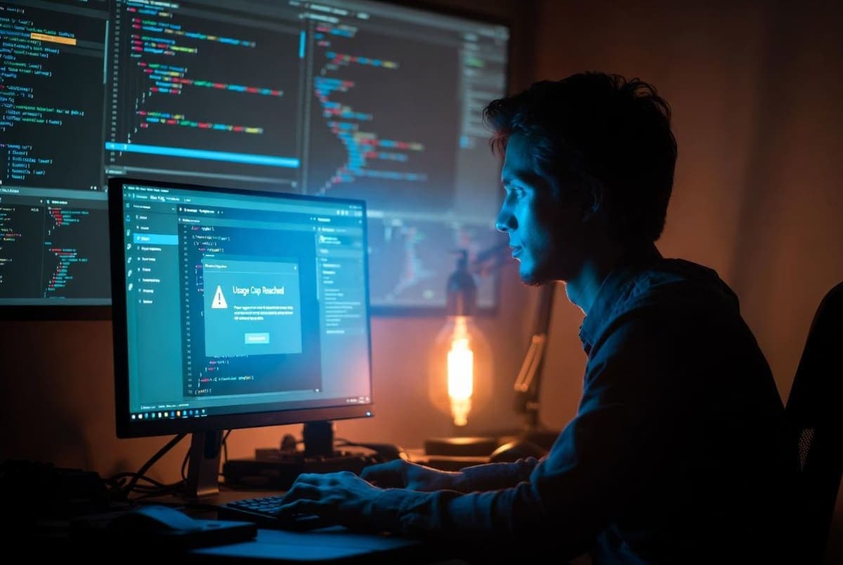 A developer's screen showing an AI coding agent paused against a usage-limit warning, dim office lighting