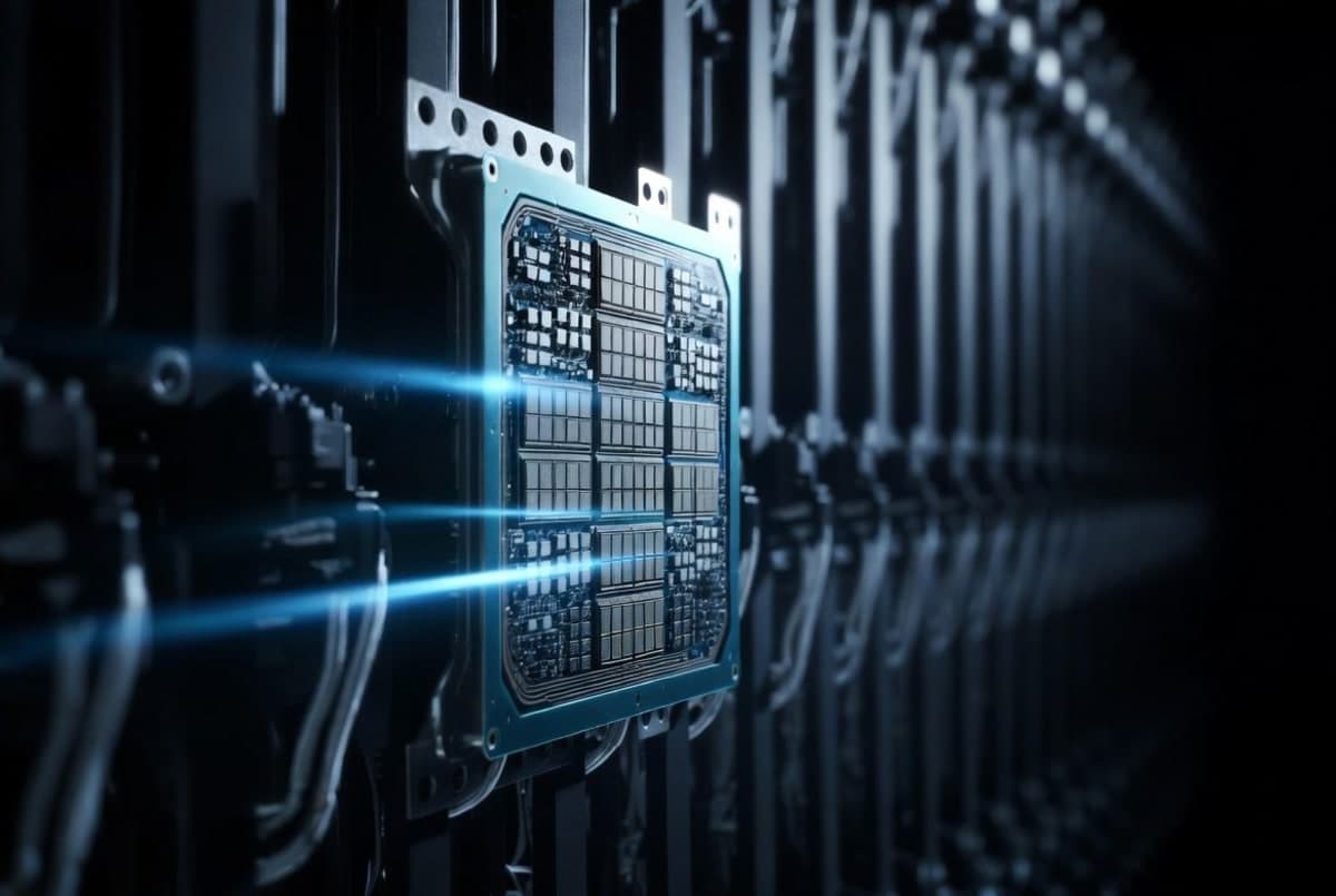 A wafer-scale AI processor glowing inside a data center server rack, conveying high-speed computation