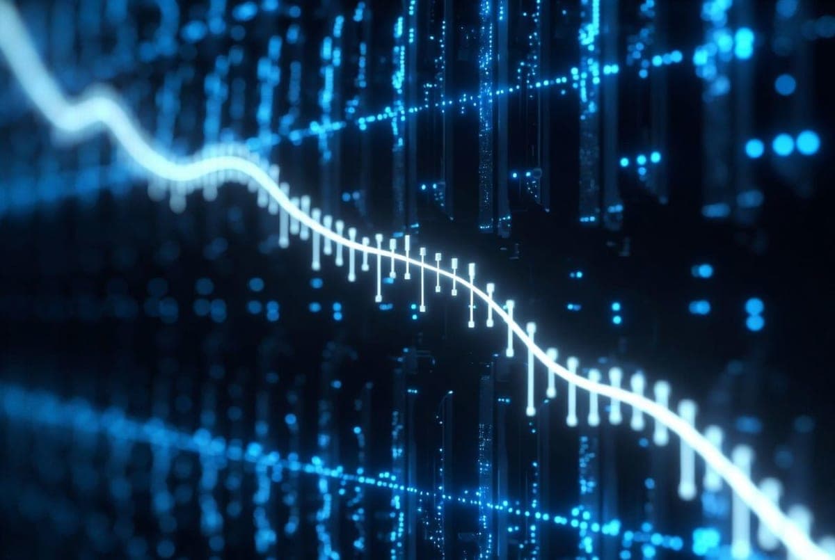 Downward-trending price chart over a glowing circuit-board backdrop, suggesting falling AI API costs