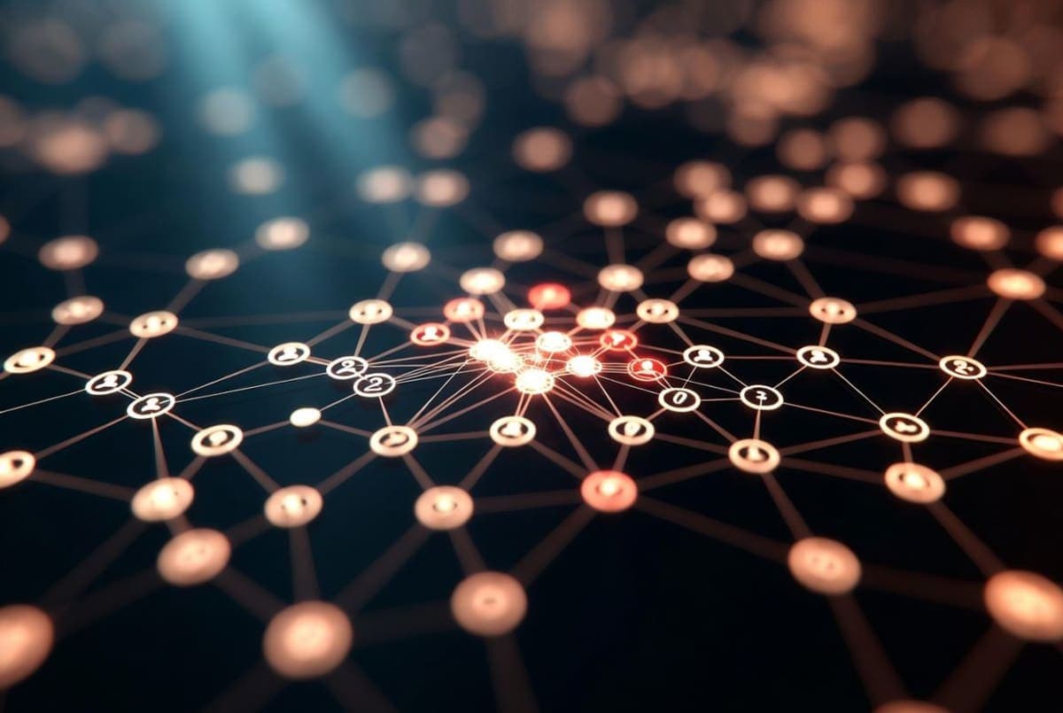 Abstract visualization of a software vulnerability scanner highlighting flaws across a network of code