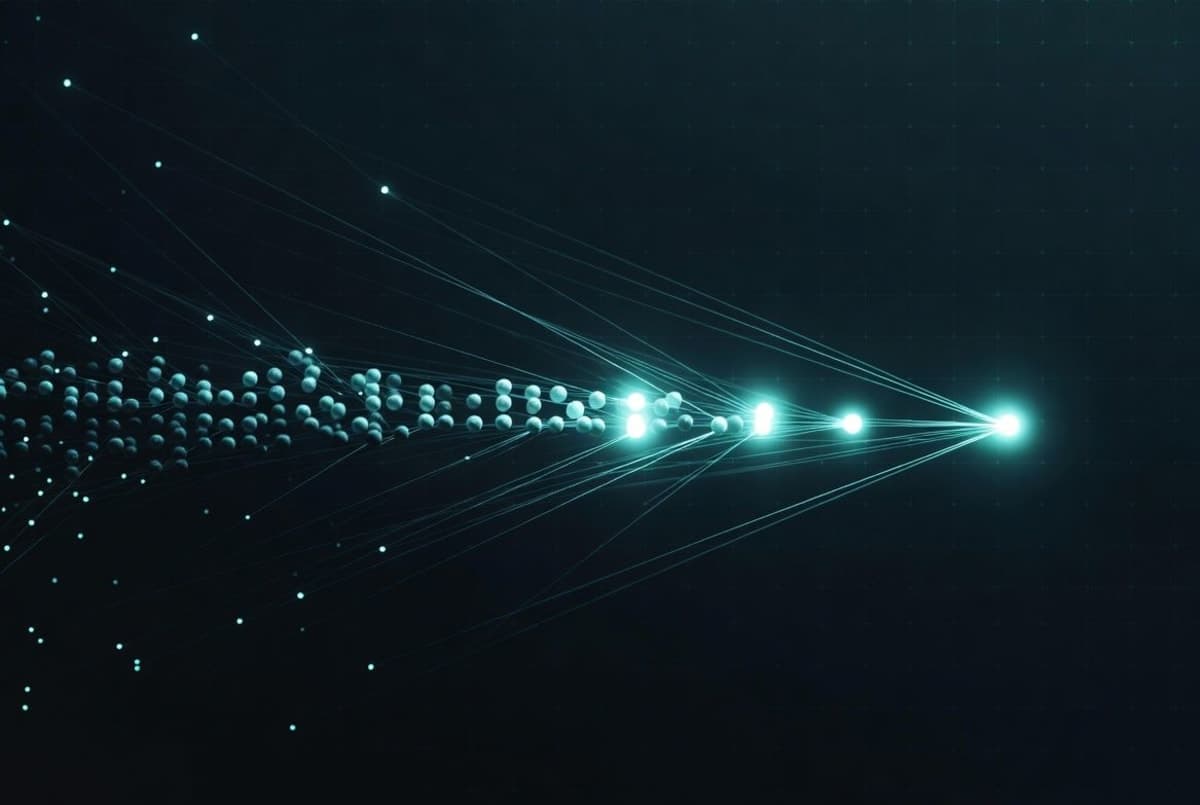 Abstract visualization of sparse attention selecting a small subset of tokens from a long sequence