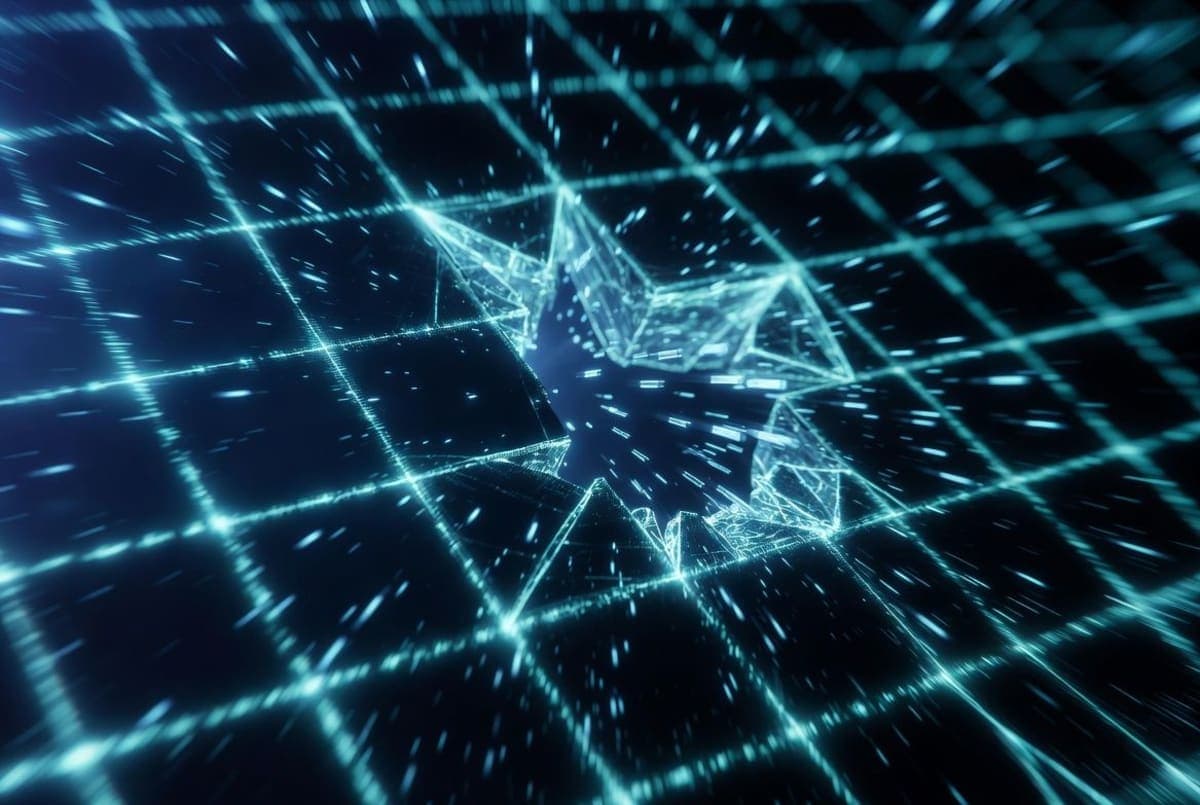 Abstract visualization of a breached digital security boundary with data packets escaping through a gap in a glowing firewall grid
