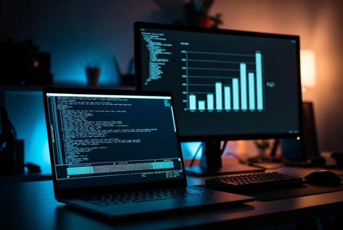 A laptop terminal showing an AI coding agent executing tool calls, with benchmark charts reflected on a dark screen