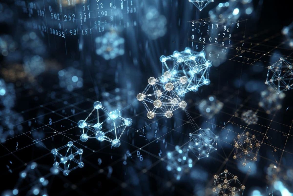 Abstract visualization of a mathematical proof being verified by an automated system, glowing geometric lattice patterns over a dark grid