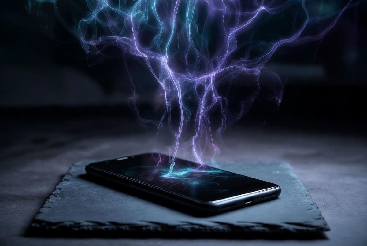 Abstract glowing neural network pattern emanating from a smartphone on a dark desk, suggesting generative AI