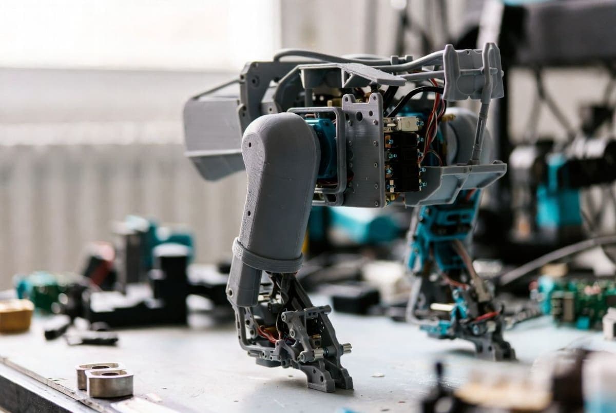 3D-printed bipedal robot legs standing on a workbench in a robotics research lab