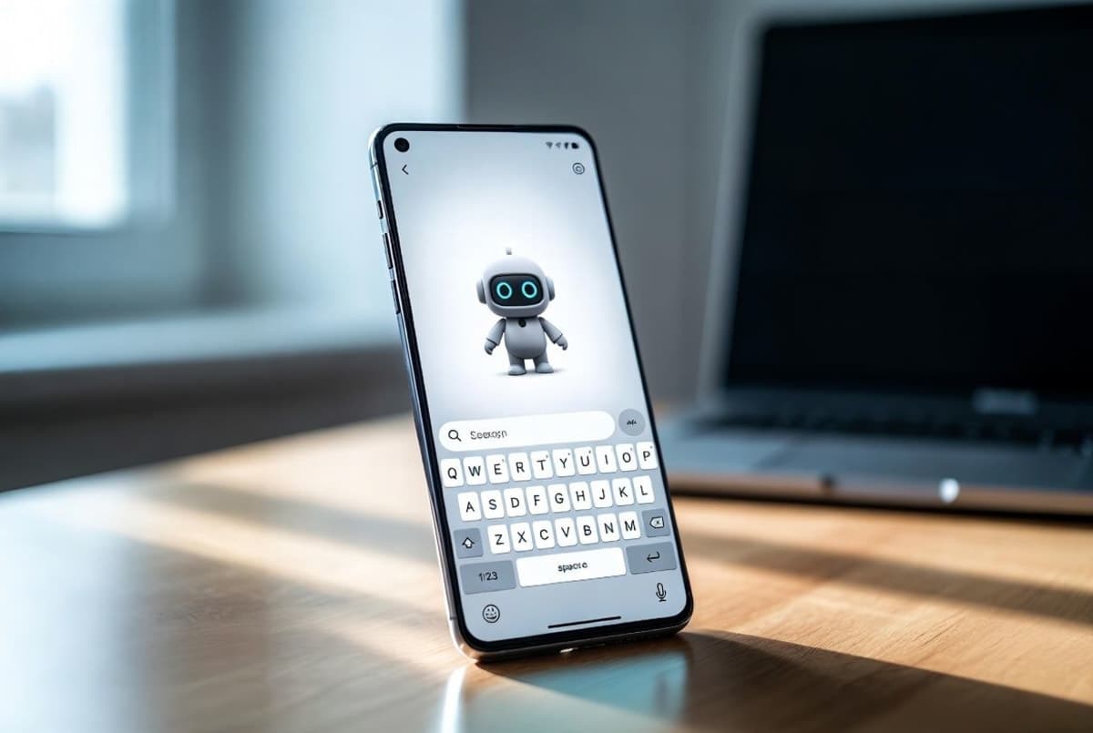 A compact AI language model running locally on a smartphone held in one hand, with code and a small on-screen assistant visible