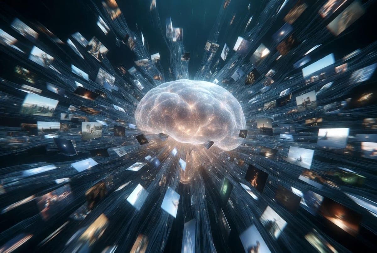 Abstract visualization of a single neural network processing both still images and video frames simultaneously