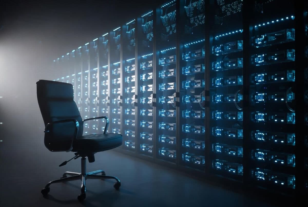 Rows of glowing server racks in a dark data center beside an empty office workstation