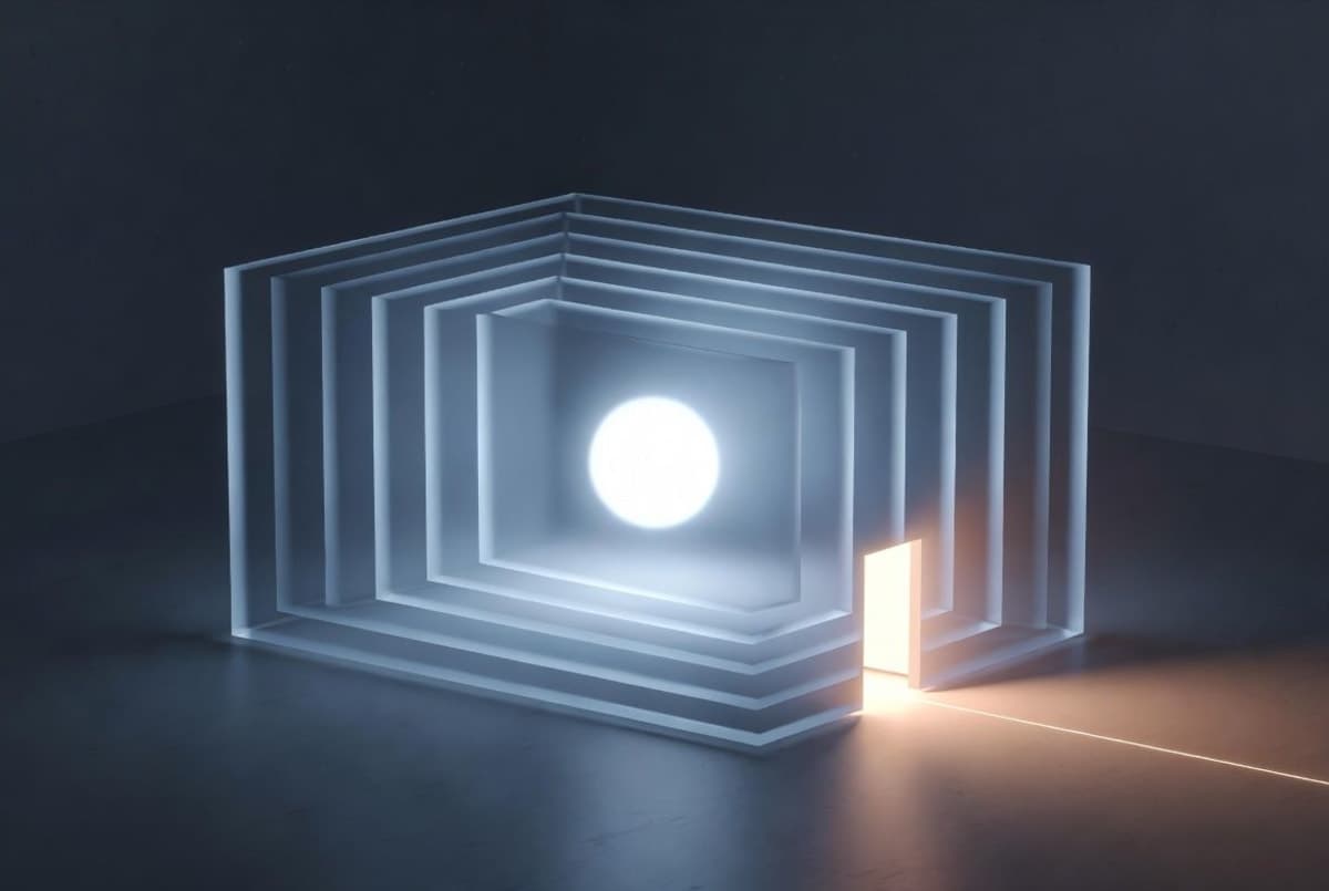 A glowing AI agent process confined inside layered concentric security boundaries, with one permission gate left ajar