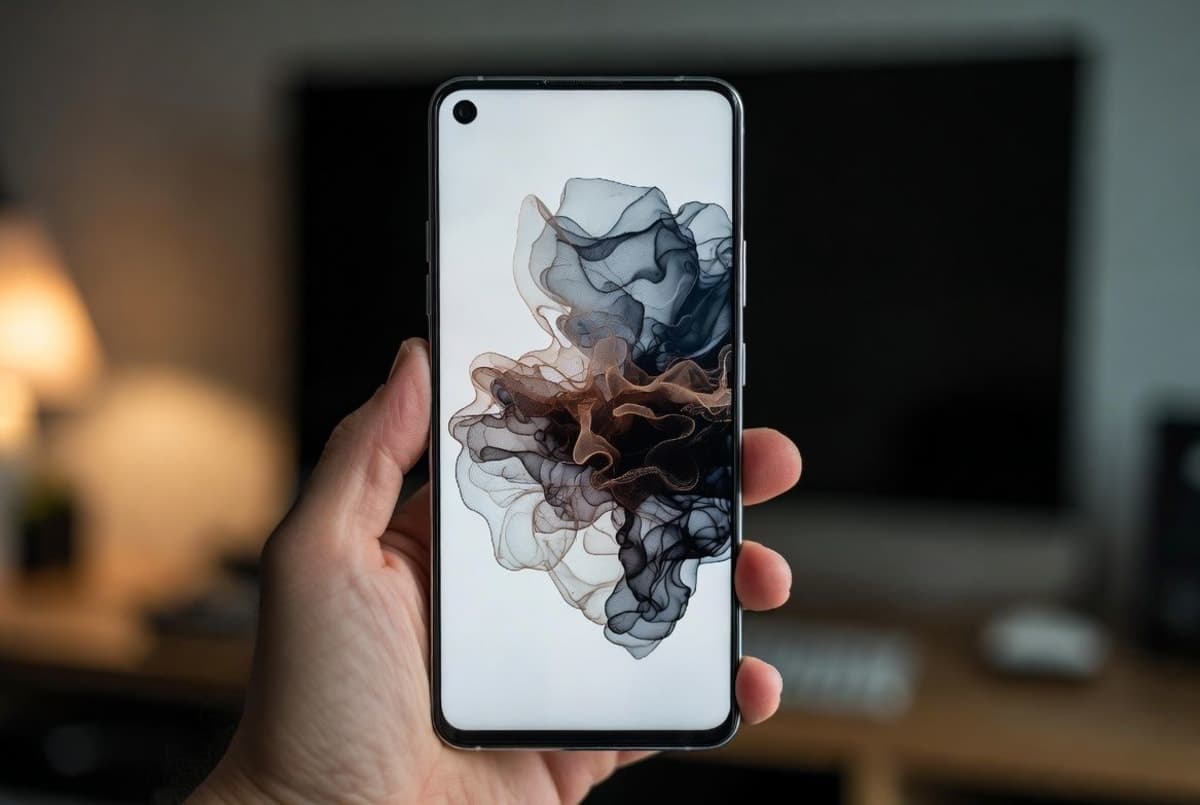 A smartphone on a desk generating a digital image locally, with no cloud connection, suggesting on-device AI image generation