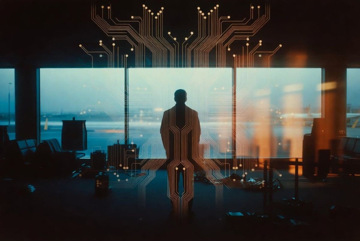 Silhouette of a traveler at an airport departure gate beneath a stylized circuit-board pattern suggesting controlled movement