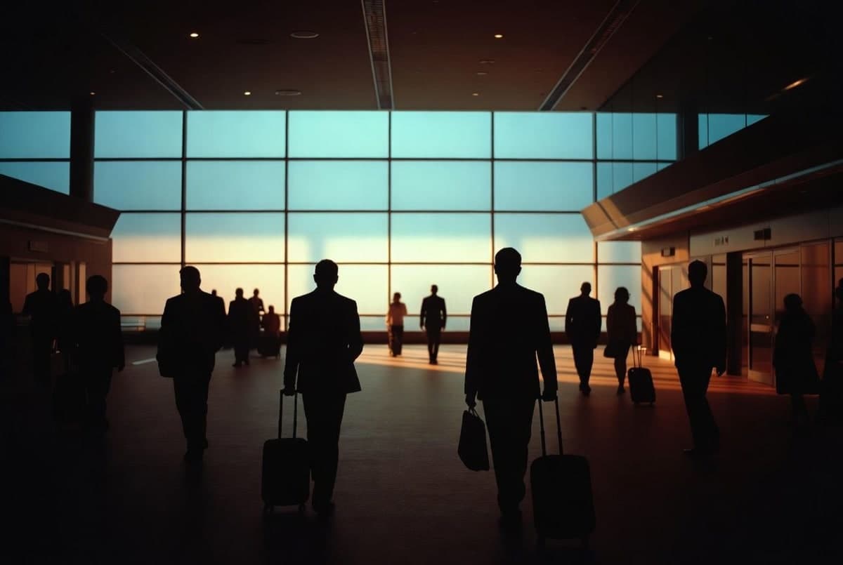 Travelers passing through a modern Chinese airport terminal with departure signage at dusk