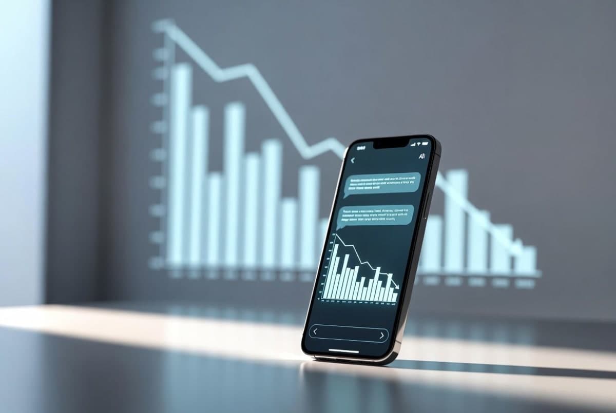 Smartphone showing an AI chat interface next to a sharply downward price chart, suggesting falling API costs