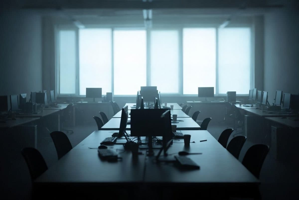 Empty office desks with powered-off monitors in a modern workspace, suggesting workforce reduction