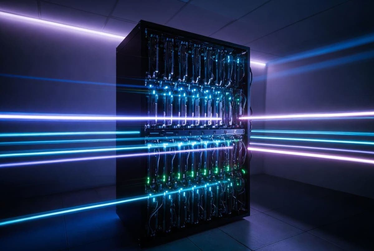 Rack of NVIDIA Blackwell GPUs in a data center with motion-blurred light trails suggesting high-speed token generation
