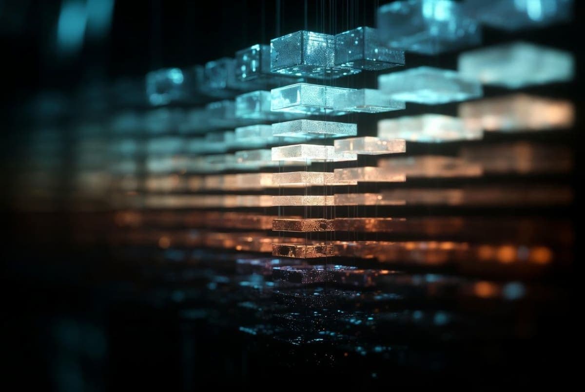Abstract visualization of a neural network split into separate glowing segments along a gradient path