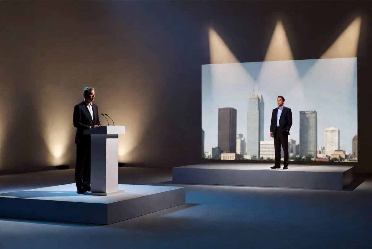 Two tech executives speaking from separate conference stages under spotlights, a city skyline blurred behind them