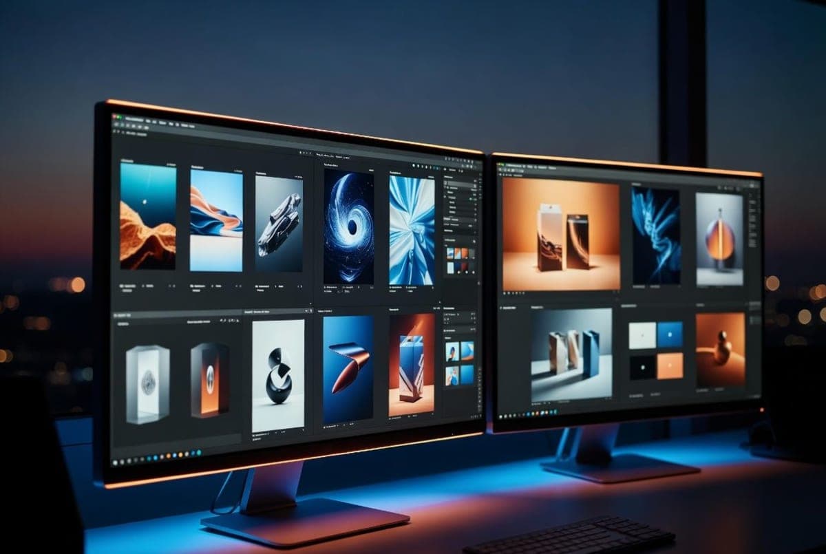 A creative studio workstation with multiple screens displaying AI-generated posters, product packaging mockups, and branding concepts