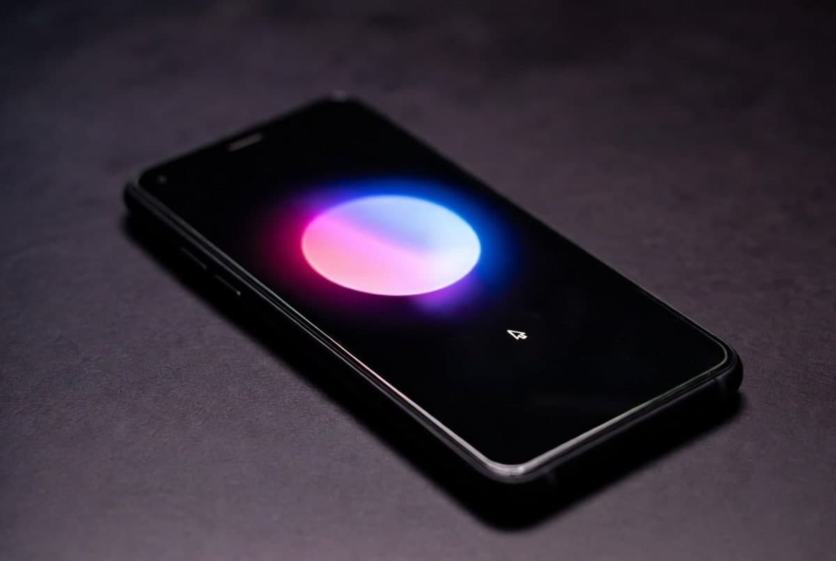 A smartphone on a dark surface glowing with an abstract pink and purple voice-assistant orb and a blinking cursor