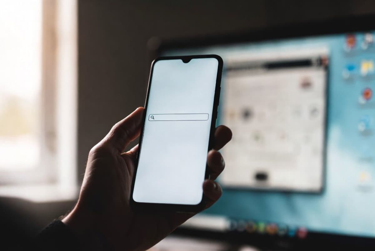 Hands holding a smartphone showing a clean search box, with a cluttered AI-heavy results page on a monitor blurred in the background