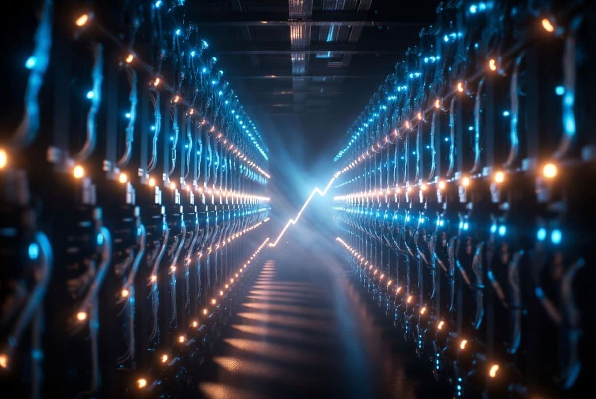 Rows of GPU server racks in a data center beside a rising electricity meter