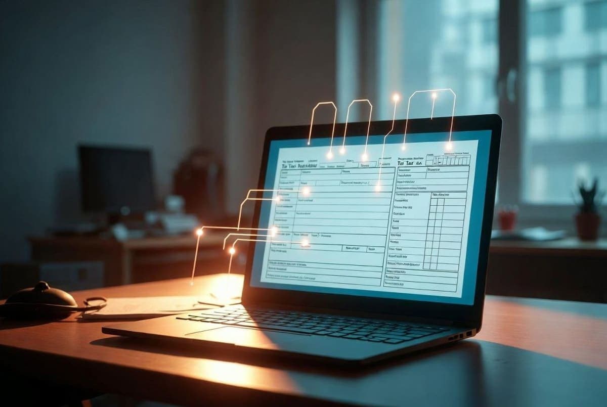 Accountant reviewing tax documents on a laptop with automated data fields highlighted on screen