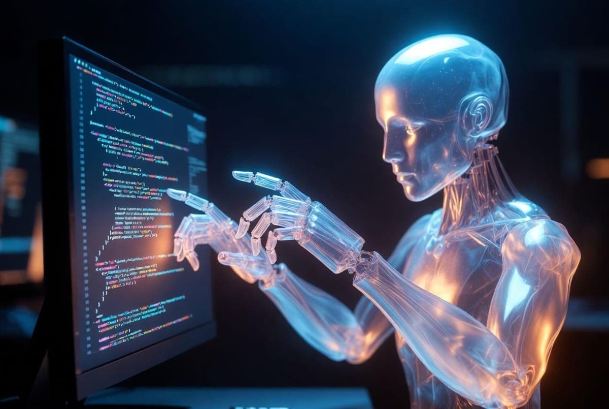 Abstract editorial illustration of an AI model reviewing and correcting lines of code