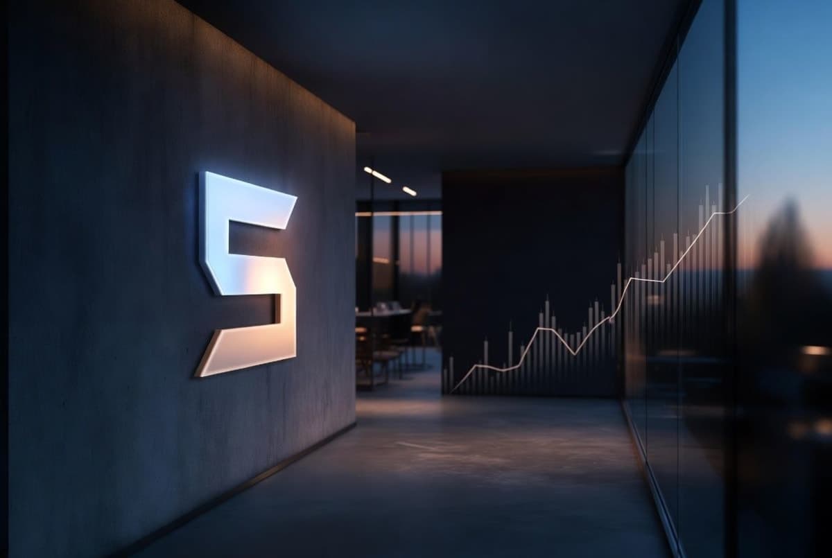 Anthropic Claude branding displayed at a technology conference with rising financial charts behind it
