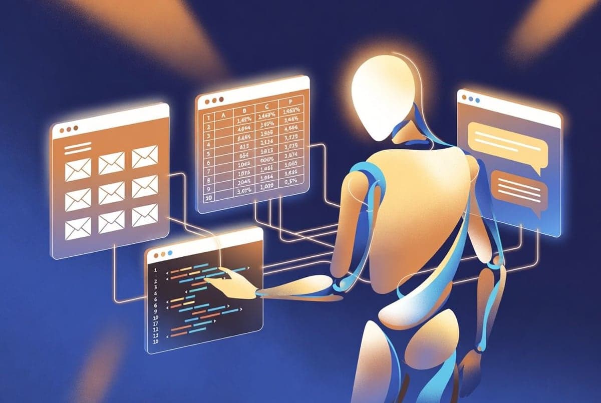 Abstract digital interface showing an AI agent connecting email, code, and document tools across a workspace