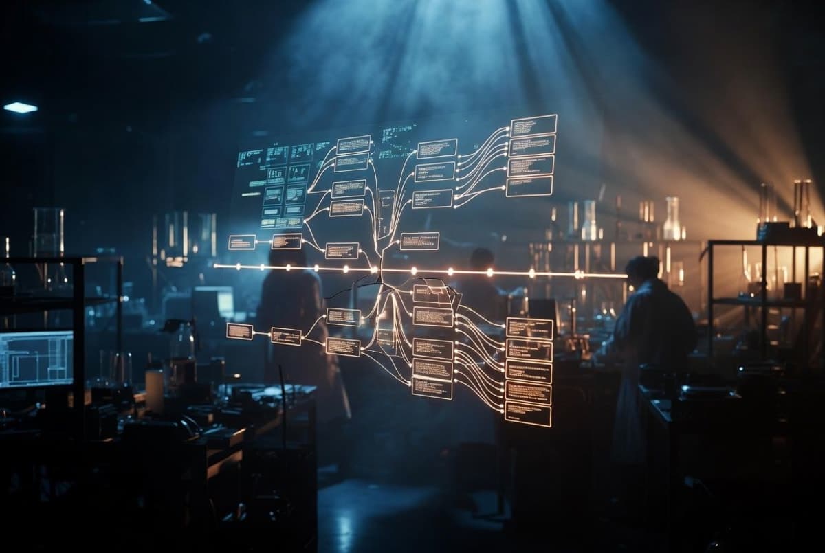 Abstract visualization of a glowing timeline splitting into branching uncertain paths against a dark research-lab backdrop